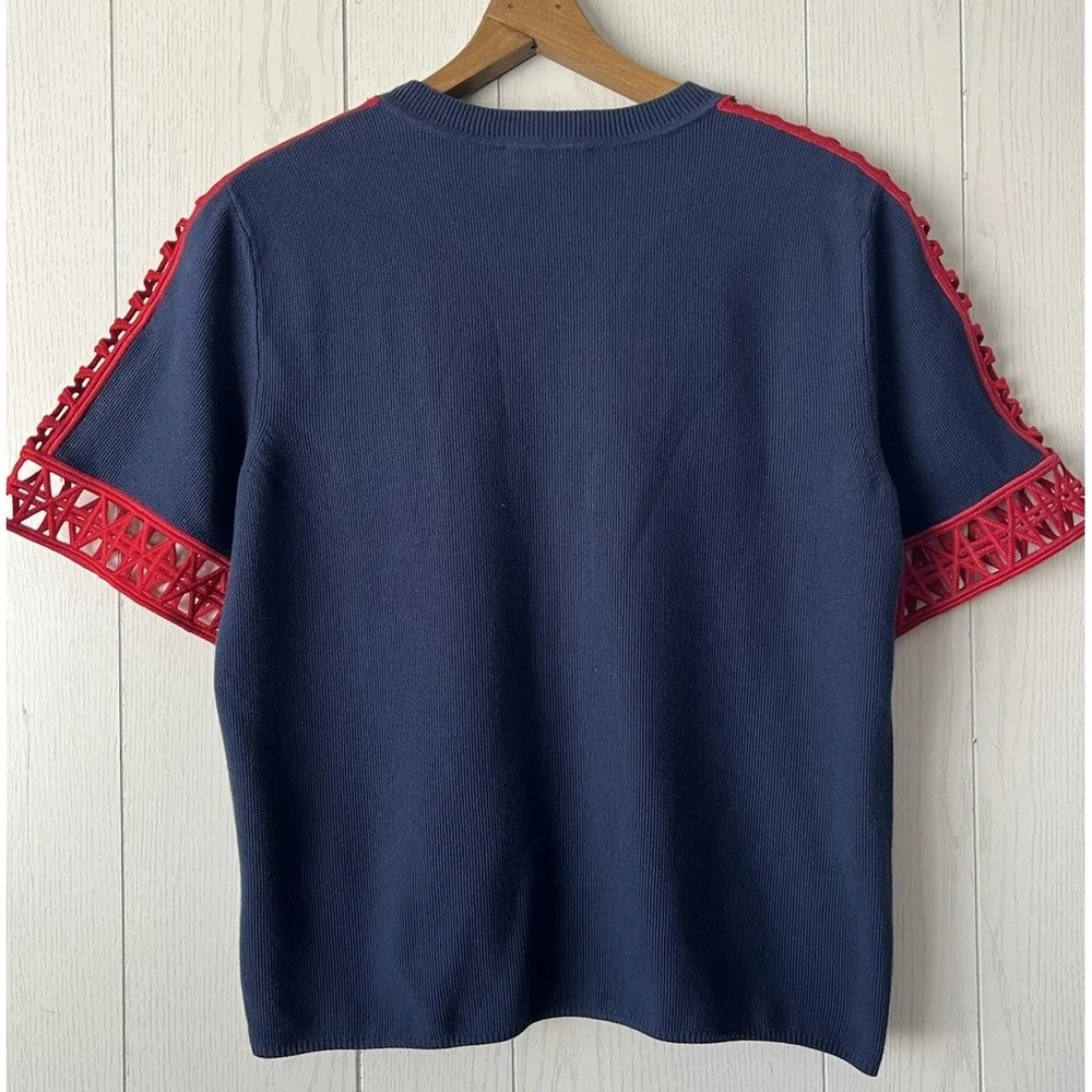 Tory Burch Knit Cotton Navy Blue Red Geo Cut Out Knit Yacht Top Blouse Coastal M